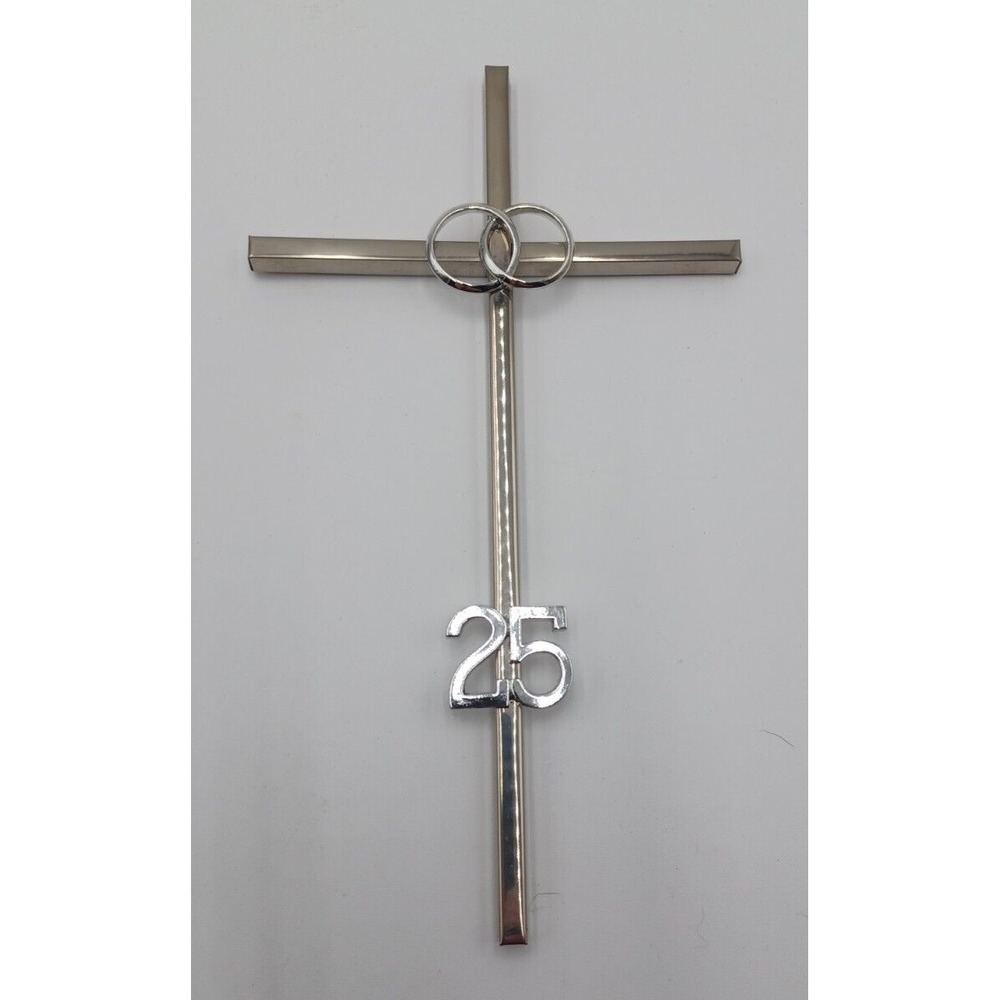 Silver Tone 25th Wedding Anniversary Wall Cross Interlocking Rings 9 Inch Metal